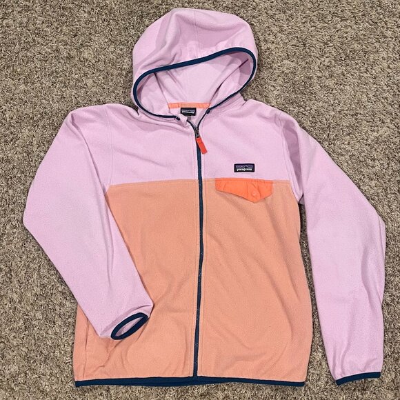 Patagonia Kids Micro D Snap-T Full Zip Hooded Fleece Jacket Pink/Orange Sz L 12 - Picture 2 of 9